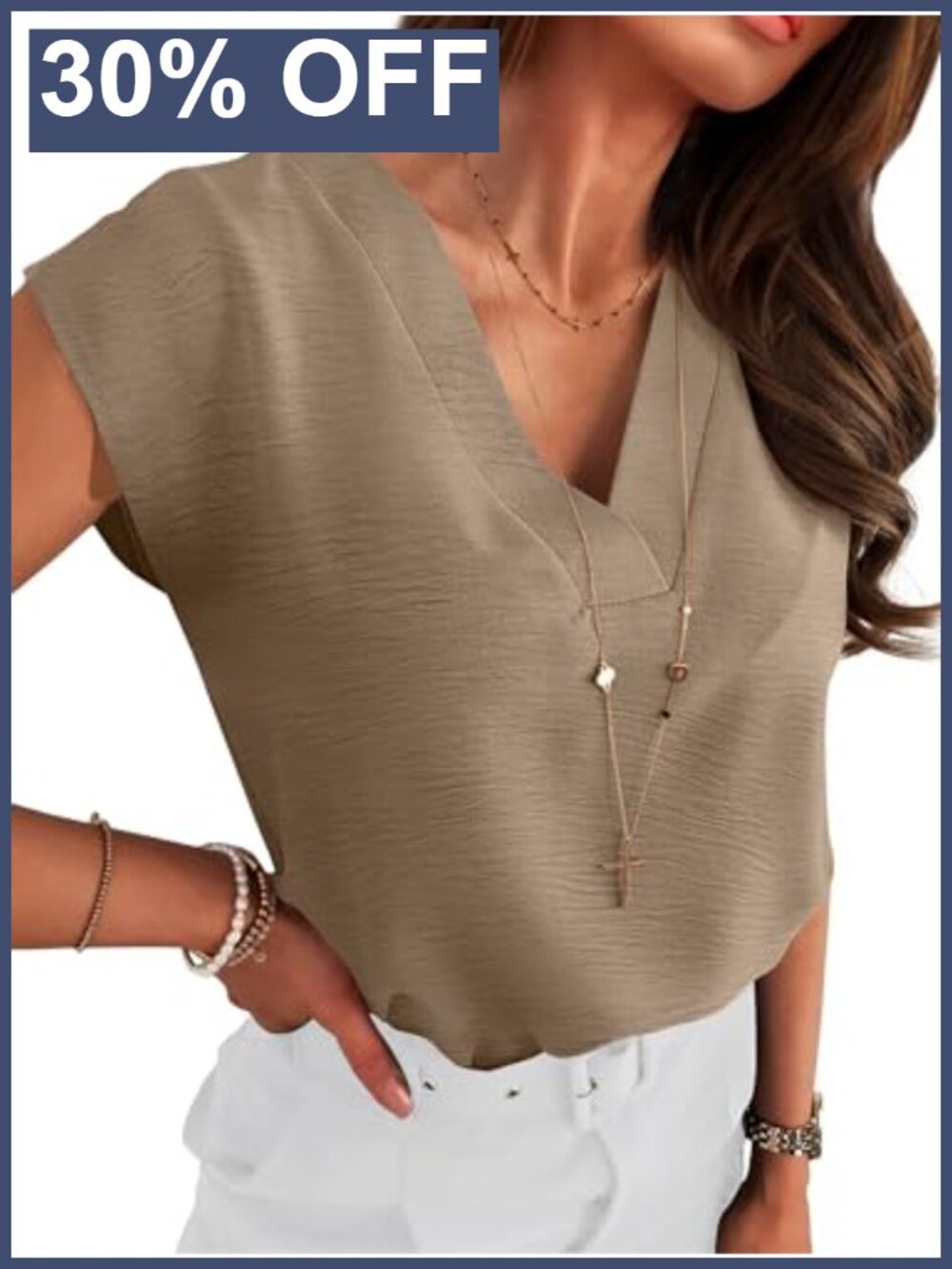 Women's V Neck Cap Sleeve Blouse Loose Fit Business Casual Top